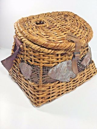 Vintage,  Wicker Fishing Creel Basket W/ Metal Fish Decoration