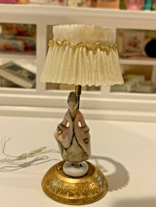 Vintage Miniature Dollhouse Artisan Porcelain Georgian Lady Lamp Base Silk Shade