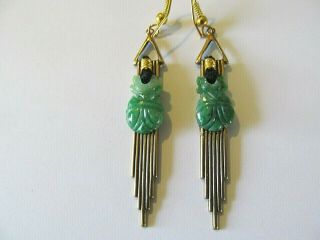 Antique Art Deco Carved Green Jade W/long Gold Stem Designs Pierced Earrings