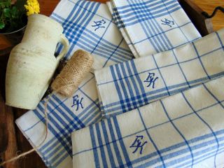 Antique Organic Linen White/blue Check Kitchen Towel Ek Monogram