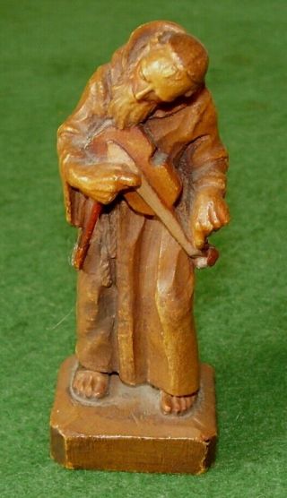 Antique Carved Wooden Figure Of Monk Playing Violin Charming Anri Circa 1900s