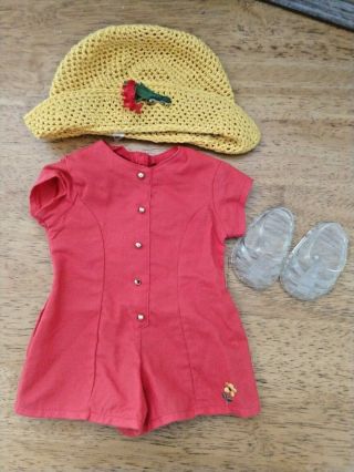 American Girl Pleasant Co.  Vintage Red Culotte Dress Crochet Yellow Hat Jellies