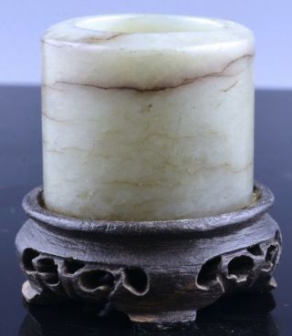Fine Antique 18/19thc Chinese Carved Light Celadon Jade Archers Ring W Stand