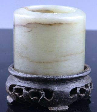 FINE ANTIQUE 18/19THC CHINESE CARVED LIGHT CELADON JADE ARCHERS RING w STAND 2
