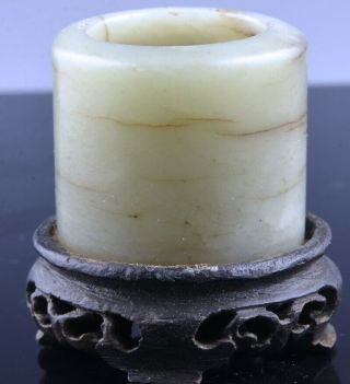 FINE ANTIQUE 18/19THC CHINESE CARVED LIGHT CELADON JADE ARCHERS RING w STAND 3