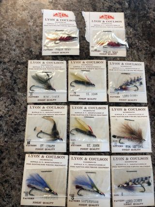 (11) Vintage Lyon & Coulson Fly Fishing Flies Lures On Cards - Old Stock