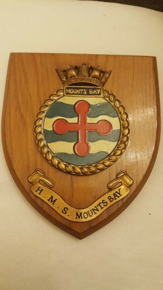 Vintage Hms Mounts Bay Royal Navy Ship Plaque Wall Shield Hand Painted
