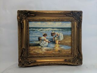 Ornate Framed,  Hand Painted,  Oil Painting 8x10 Inch,  Beach,  Girls,  Play,  Ocean