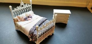 Vintage White Iron Dbl Dressed Bed By L.  Scuderi And Wicker Chest By Sally 1 " Sca