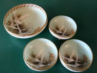 Antique Hand Painted Nippon 4 Footed Bowls Flying Swan Geese Jeweled Moriage