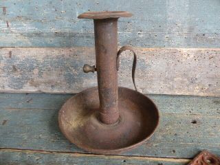 Antique Primitive Early 19th C Tin Saucer Push Up Candlestick Candle Holder Aafa