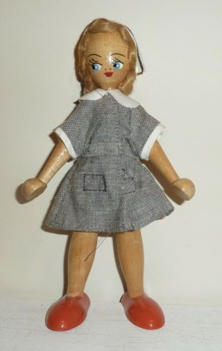 Vintage 7 " Hand Painted & Jointed Polish Wood Peg Doll Folk Art Nurse
