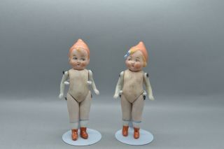 Antique Germany Porcelain Bisque Two Doll With Cap Impish Character Limbach1900