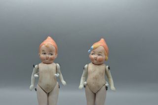 Antique Germany Porcelain Bisque two Doll with Cap Impish Character Limbach1900 2