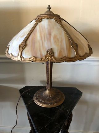 Antique 6 Panel Bent Slag Glass Table Lamp S.  A.  L.  Co Signed