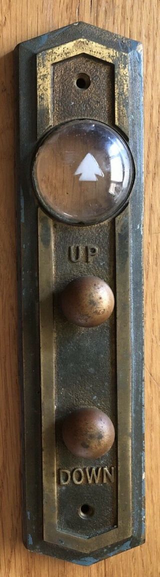 Antique Elevator Up Down Brass Call Button Plate Glass Arrow