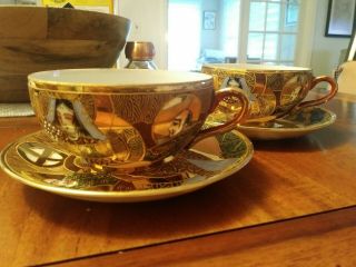 Antique Hand - Painted Gold Embellished Tea Cups Saucers Made In Japan