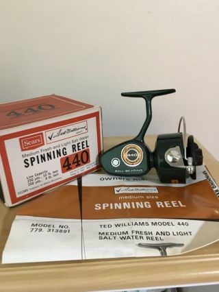 Vintage Sears Ted Williams 440 Med.  Fresh/ Salt Water Spinning Reel Box,  Papers