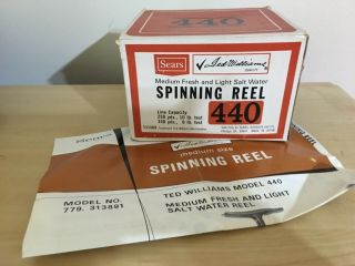 Vintage Sears Ted WILLIAMS 440 Med.  Fresh/ Salt Water Spinning Reel Box,  Papers 6