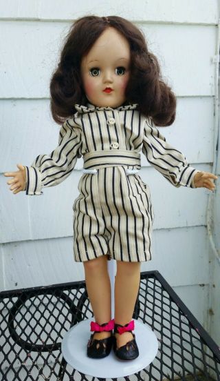 Vintage 14 " Ideal P - 90 Toni Brunette Blue Eyed Doll With Striped Shorts Outfit