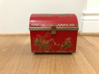 Vintage Antique Baret Ware Red Chinoiserie Tea Tin Box With Mirror Made In Uk