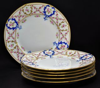 Antique Limoges Avance Porcelain Set Of 6 Salad Plates Gold,  Blue,  Pink Roses