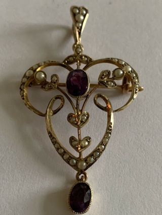 Antique Art Nouveau 9ct Gold Amethyst & Seed Pearl Set Pendant Brooch