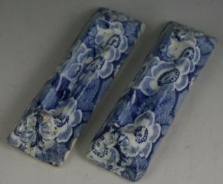 Antique Pottery Pearlware Blue Transfer Spode Blossom Pattern Knife Rests 1825