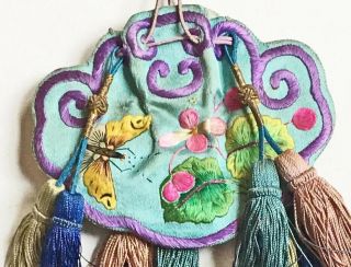 Antique Chinese Embroidered Silk Scent Pouch Purse Bag Light Blue W Butterflies