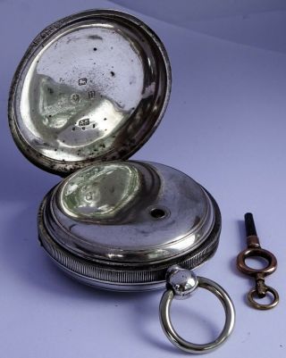 Antique Waltham heavy solid sterling silver pocket watch & key.  Running.  116.  2g 5