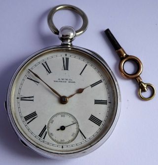 Antique Waltham heavy solid sterling silver pocket watch & key.  Running.  116.  2g 7
