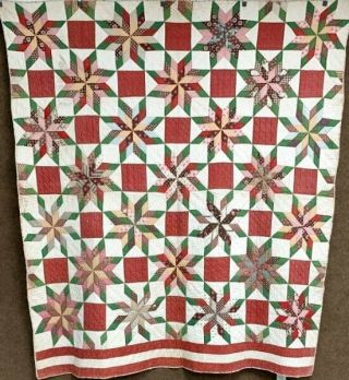 Prussian Blue C 1850s Touching Stars Quilt Turkey Red Ombre Antique
