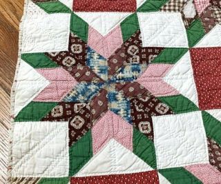Prussian Blue c 1850s Touching STARs Quilt Turkey Red Ombre Antique 5