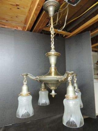 Antique 4 Shade Brass Hanging Light Fixture