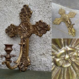 Antique Victorian Brass Church Crucifix Cross Candle Wall Holder Gothic Salvage