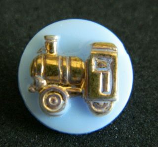 Sweet Vintage Kiddie/childrens - Blue Glass Button W Toy Train/car