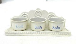 Antique Miniature German Dollhouse Hanging Shelf With 3 Canisters,  Enamelware