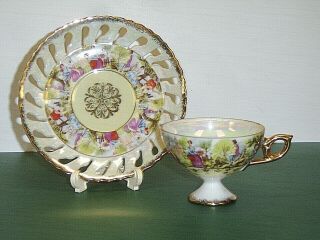 Vintage Enesco Japan Footed Tea Cup & Saucer Iridescent Mother Of Pearl