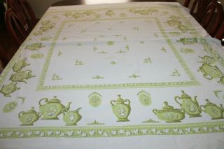 Vintage Green And White Teapots Cotton Tablecloth 48 " X 52 " Vtg