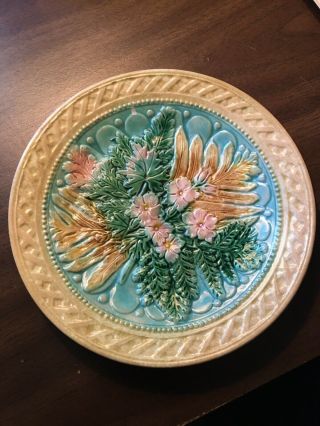 Antique Majolica Plate With Basket Weave Edge And Leaf/floral Center - 8.  5 " Diam.
