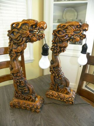 Hand Carved Wood Chinese Dragon Lamps - Very Ornate And