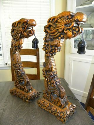 Hand Carved Wood Chinese Dragon Lamps - Very Ornate and 3