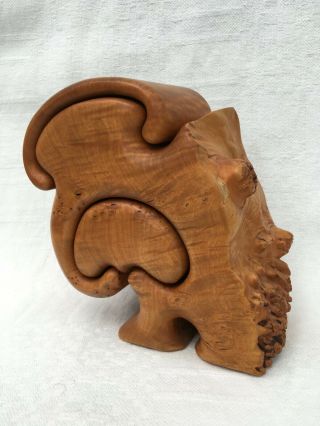 Vintage Fred & Marilyn Buss MAPLE BURL WOOD CARVED PUZZLE BOX SCULPTURE H14,  5cm 2