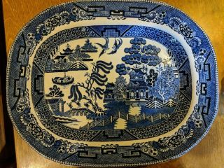 Antique English Platter Transfer Ware Blue Willow 15.  75 X 12.  5in