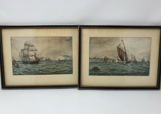 19th Century Watercolour Painting Of Boats At Sea By J.  W.  Signed