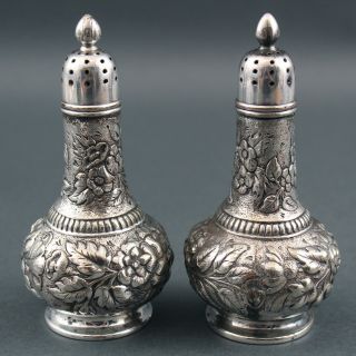 Set of 4 Antique TIFFANY & CO Silverplate Floral Repousse Salt & Pepper Shakers 8