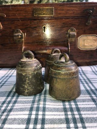 Set Of 3 Brass Antique Mercantile Balance Scale Weight Marked “cased” On Bottom