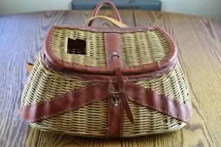 Vintage Wicker & Leather Fishing Basket Or Creel - British Hong Kong 1950 