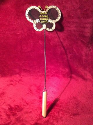 Antique Vintage Fly Swatter Butterfly Moth Wooden Handle Metal Screen Wire Frame