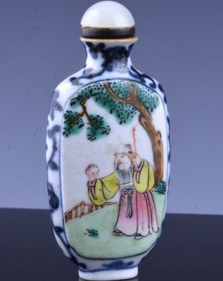 Early 19thc Chinese Famille Rose & Blue White Scholar Landscape Snuff Bottle